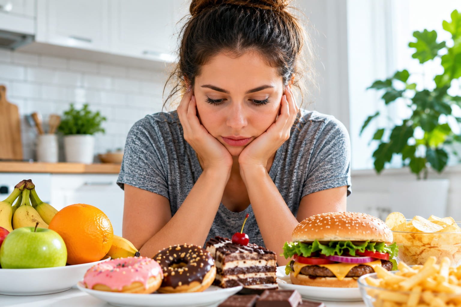 Porque sentimos fome tão depressa? O cérebro explica Mulher sentada à mesa entre alimentos saudáveis e ultraprocessados a refletir sobre porque sentimos fome tão depressa