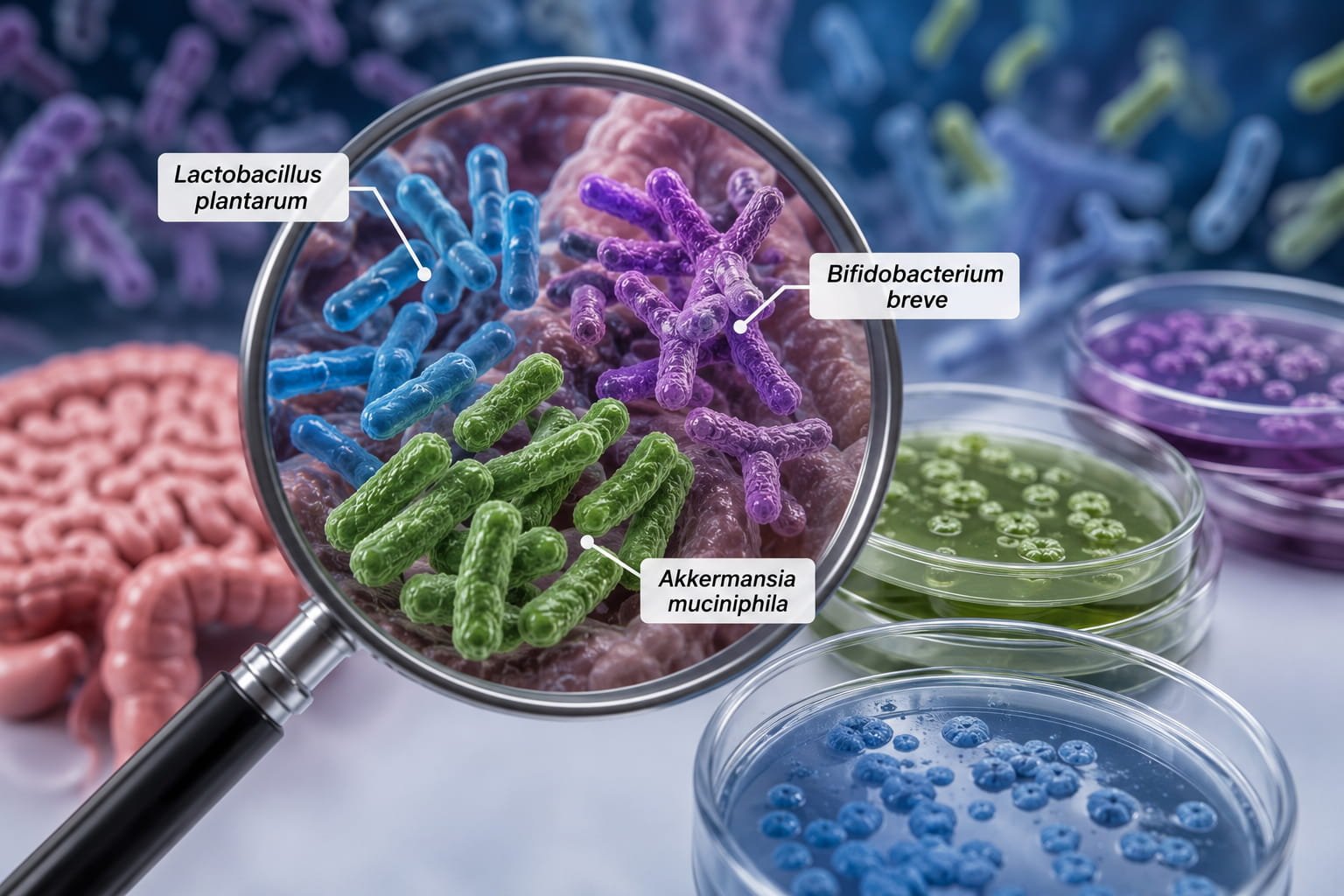 Ilustração científica sobre psicobióticos e depressão mostrando bactérias intestinais estudadas na investigação do eixo intestino-cérebro