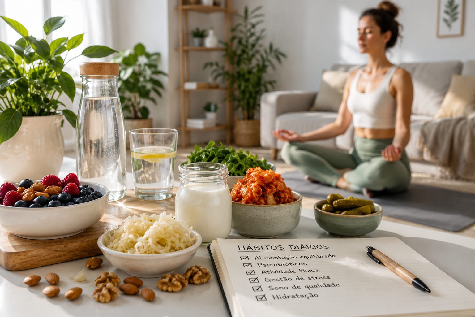 Alimentos saudáveis e hábitos diários associados aos psicobióticos e depressão num ambiente calmo e equilibrado