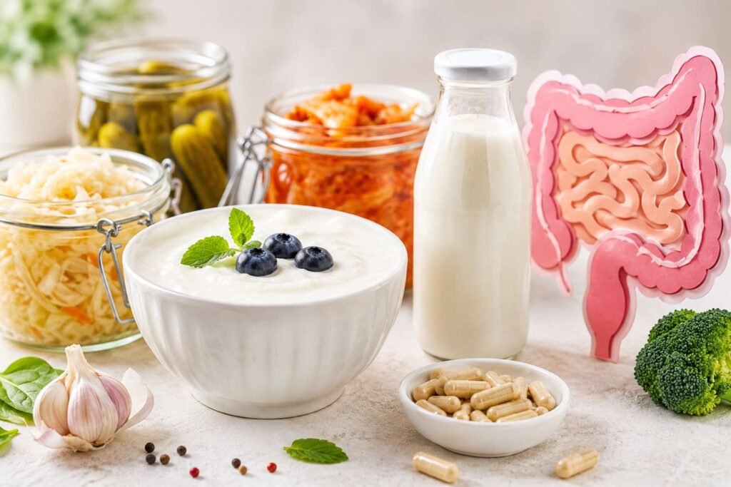 Psicobióticos e depressão ilustrados com alimentos fermentados e ligação entre intestino e saúde mental
