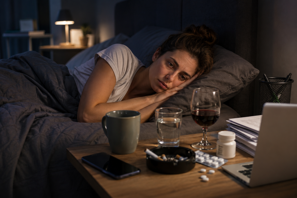 Mulher cansada sem conseguir dormir num quarto escuro, ilustrando fatores que afetam a qualidade do sono