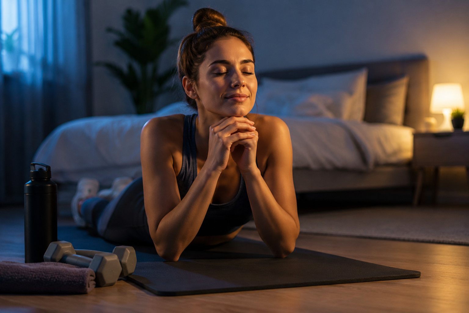 Mulher a relaxar após exercício físico num quarto tranquilo, representando a relação entre atividade física e qualidade do sono