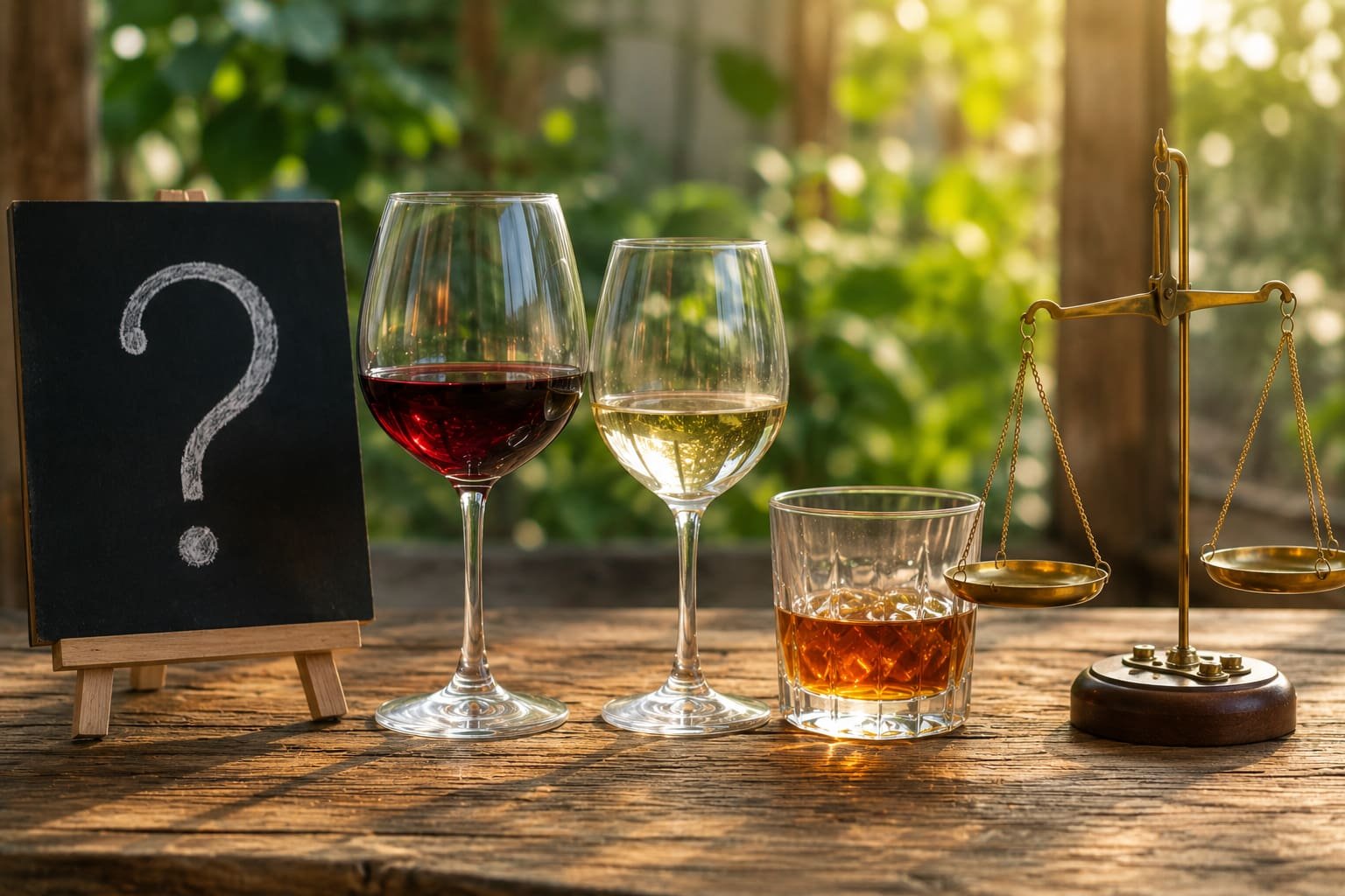Álcool moderado: benefícios e riscos reais na saúde Copos de bebidas alcoólicas ao lado de uma balança e de um ponto de interrogação representando a dúvida sobre uma quantidade segura de álcool para a saúde