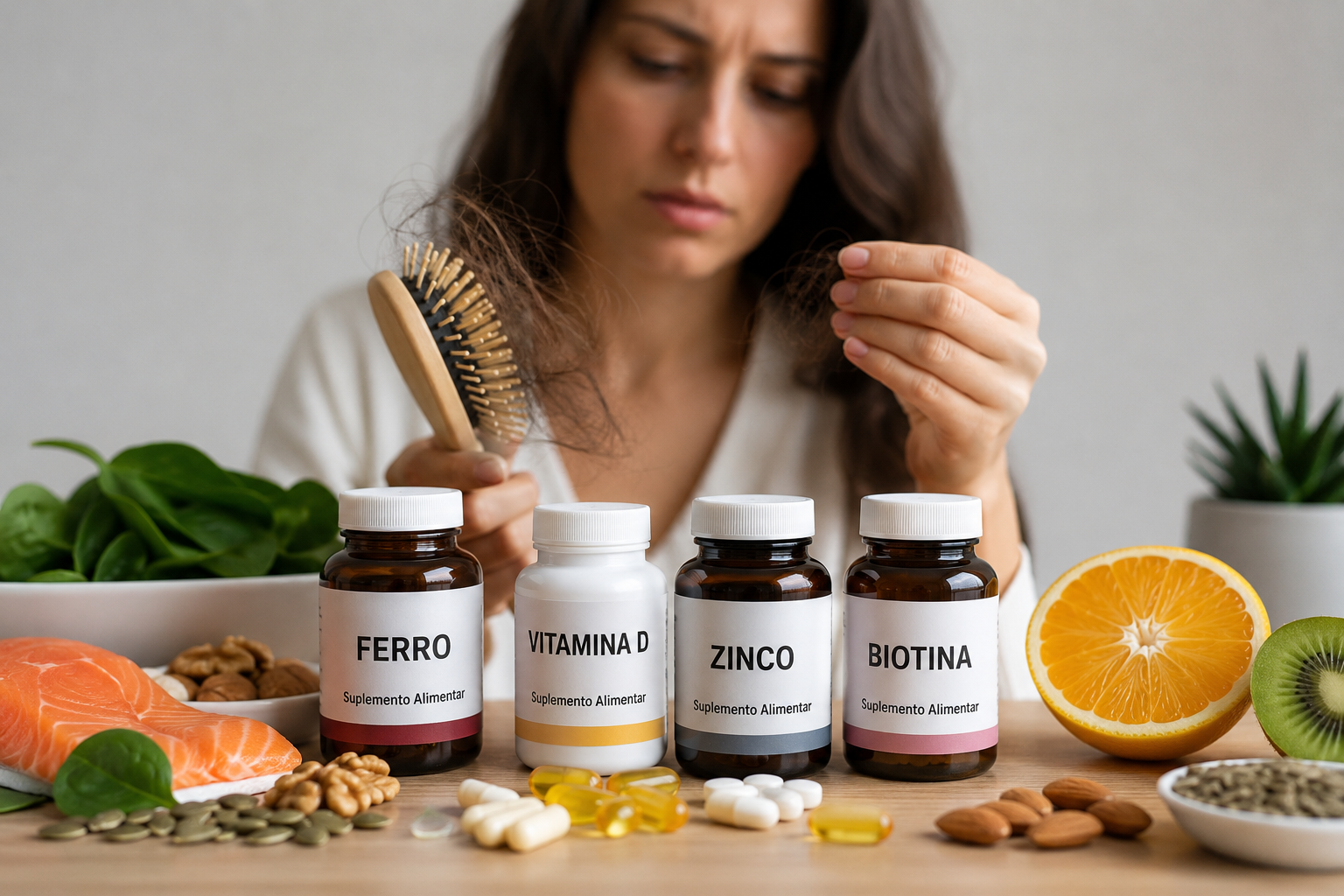 Queda de cabelo e vitaminas: o que a ciência revela Mulher preocupada com queda de cabelo observando fios na escova ao lado de vitaminas e alimentos ricos em nutrientes