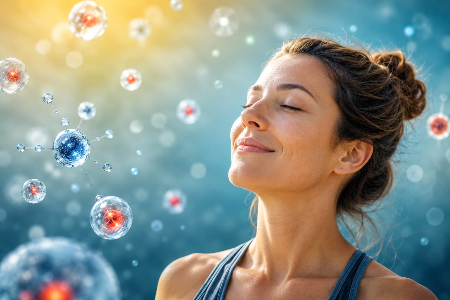 Stress oxidativo: o desgaste silencioso do corpo Mulher serena rodeada por partículas moleculares representando o equilíbrio entre radicais livres e stress oxidativo no organismo