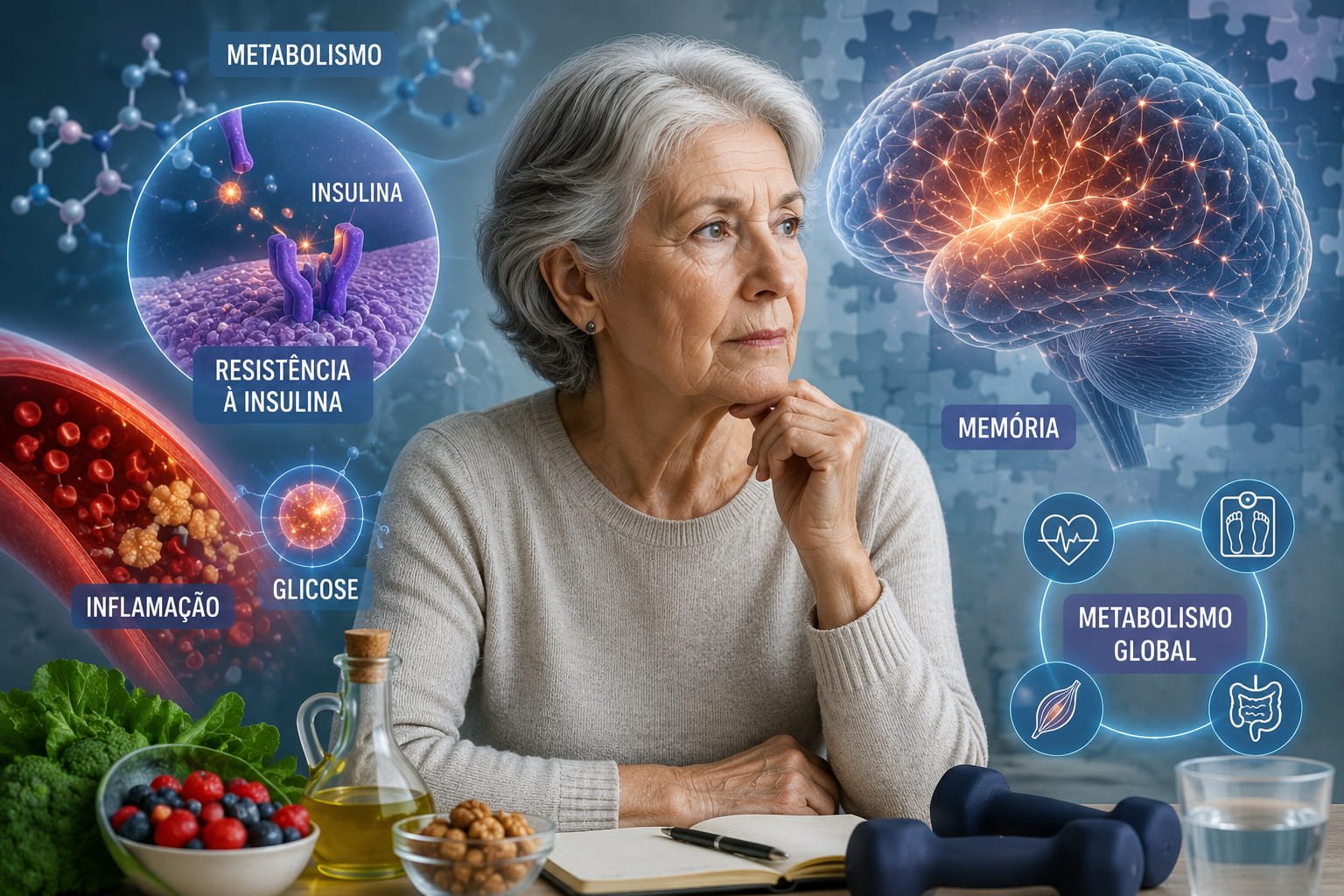 Ilustração conceptual sobre resistência à insulina e memória mostrando cérebro, metabolismo e saúde metabólica global em mulher idosa
