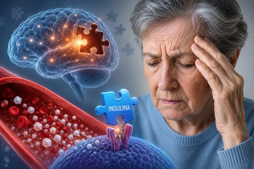 Mulher idosa com expressão preocupada ao lado de ilustração cerebral representando resistência à insulina e memória