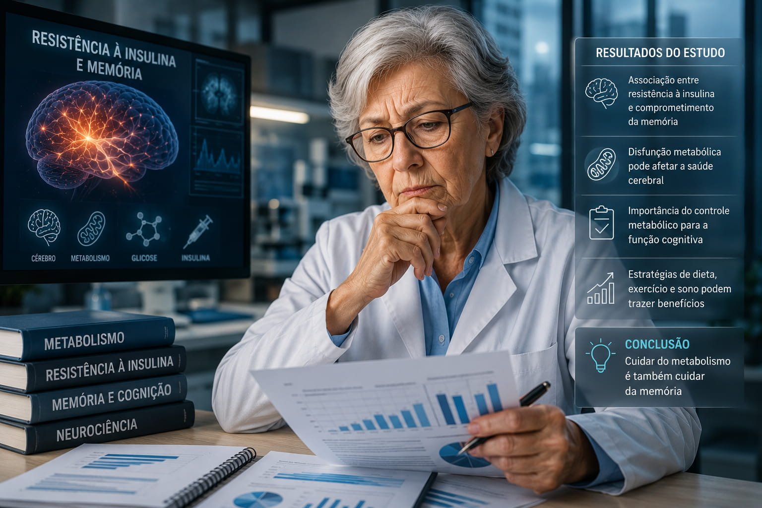 Investigadora a analisar dados científicos sobre resistência à insulina e memória associados à saúde cerebral e metabolismo