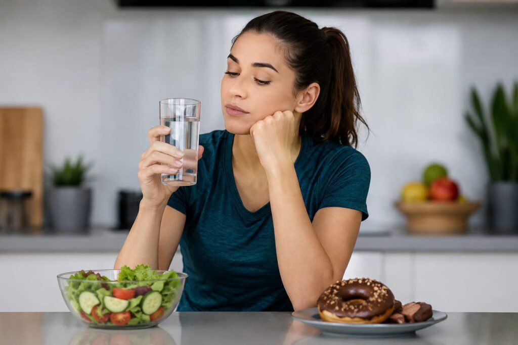 Mulher a observar um copo de água entre alimentos saudáveis e doces ilustrando como beber pouca água pode influenciar sinais de fome