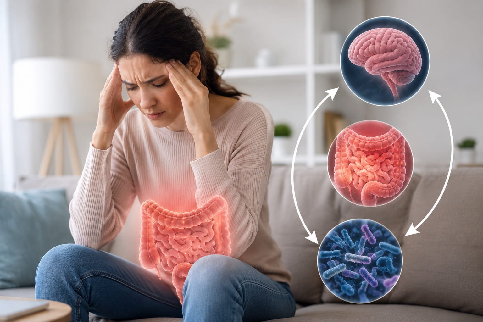 Mulher sob stress com ilustração da ligação entre intestino, cérebro e psicobióticos na depressão