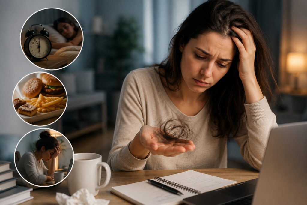 Queda de cabelo e vitaminas: o que a ciência revela Mulher stressada a observar queda de cabelo enquanto trabalha à noite em casa