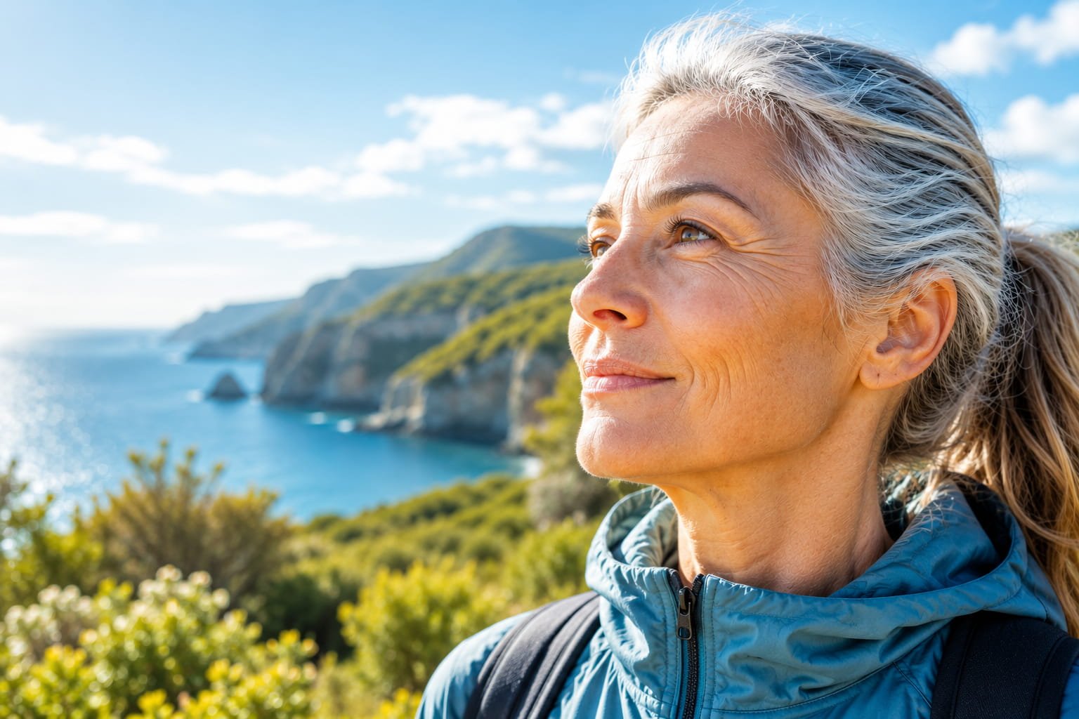 Stress oxidativo: o desgaste silencioso do corpo Mulher madura junto ao mar representando os efeitos do stress oxidativo no envelhecimento saudável