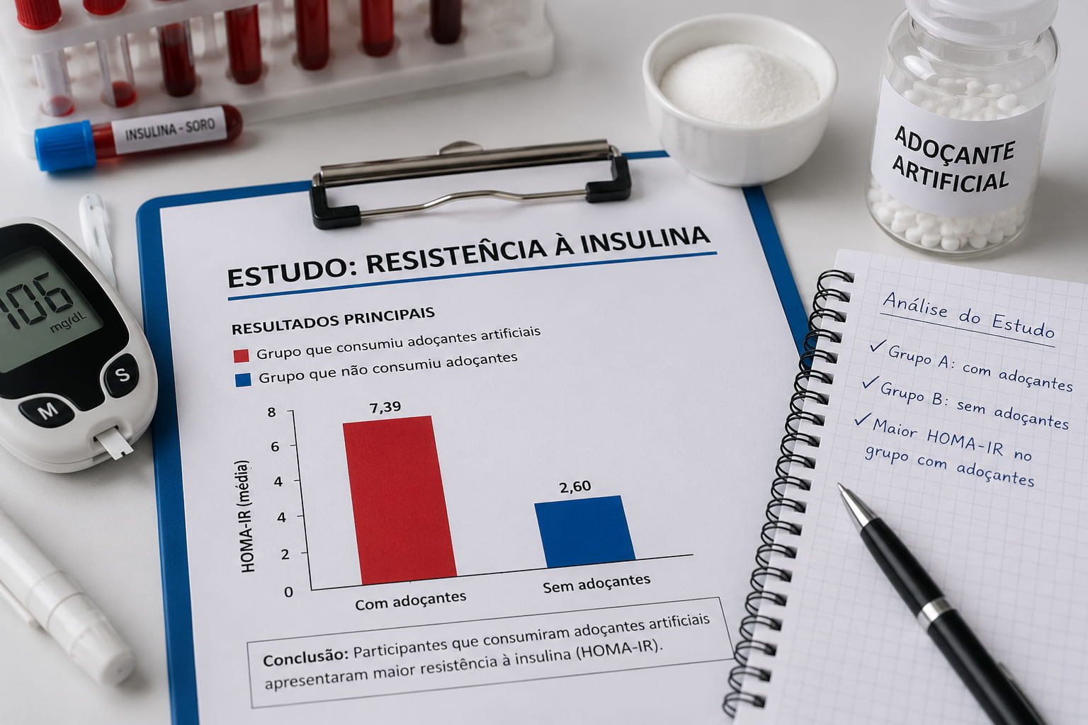Relatório científico sobre resistência à insulina associado ao consumo de adoçantes artificiais com gráfico comparativo e material laboratorial