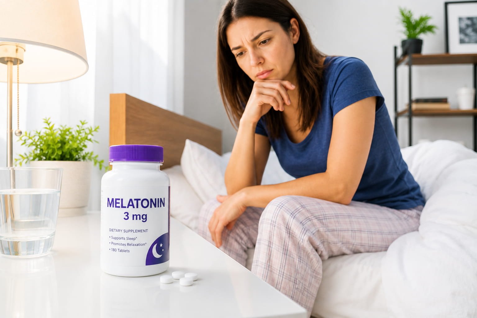 Relógio biológico e coração: o risco invisível Mulher sentada na cama a observar um frasco de melatonina, ilustrando as dúvidas científicas sobre a suplementação de melatonina.