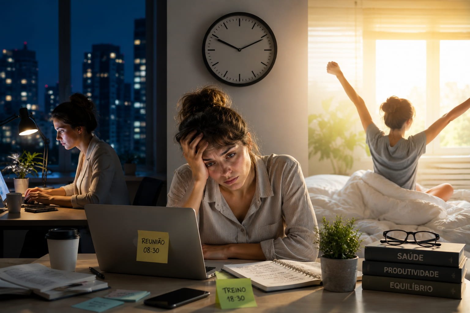 Social jetlag: porque acorda cansado todos os dias Mulher cansada a trabalhar durante a noite e a acordar de manhã, ilustrando o impacto invisível do social jetlag na rotina moderna e no equilíbrio entre descanso e produtividade