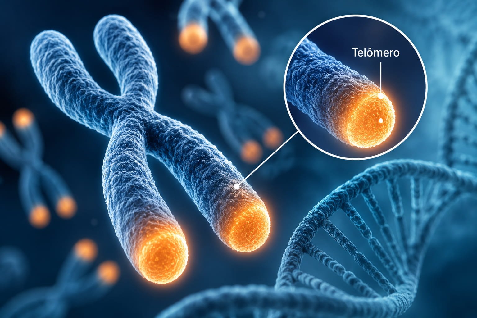Stress oxidativo: o desgaste silencioso do corpo Ilustração científica de telómeros nas extremidades dos cromossomas relacionada com stress oxidativo e envelhecimento celular