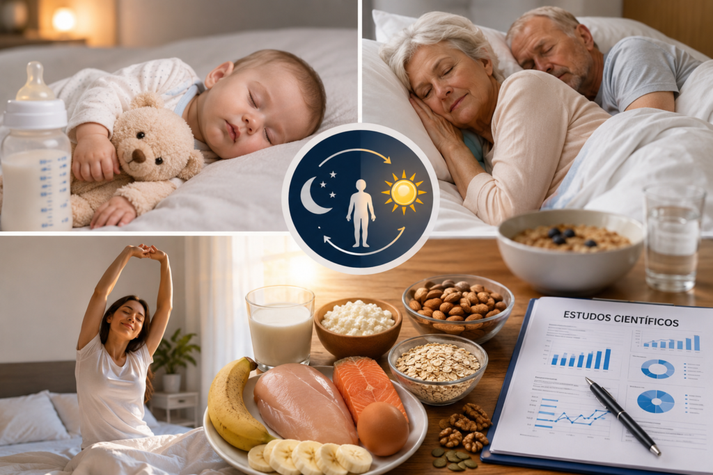 Triptofano e sono: o detalhe alimentar que pode mudar as noites Imagem ilustrativa sobre triptofano e qualidade do sono em bebés, adultos e idosos