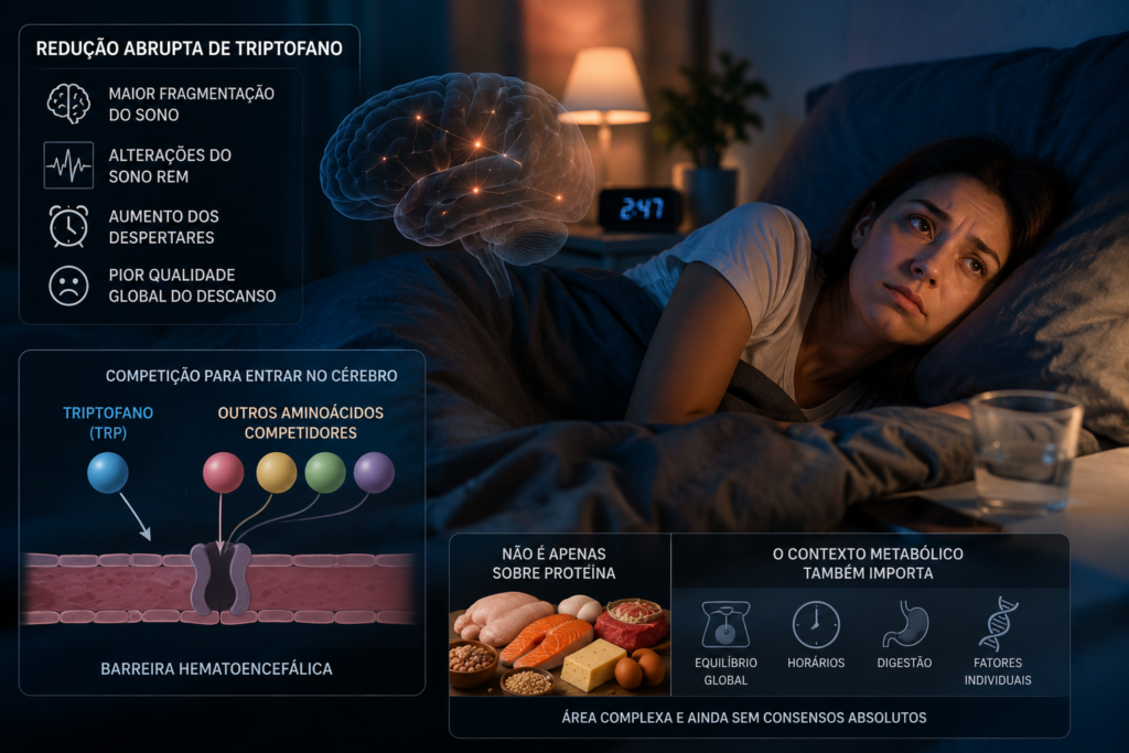 Triptofano e sono: o detalhe alimentar que pode mudar as noites Mulher acordada durante a noite ilustrando a relação entre triptofano e sono fragmentado