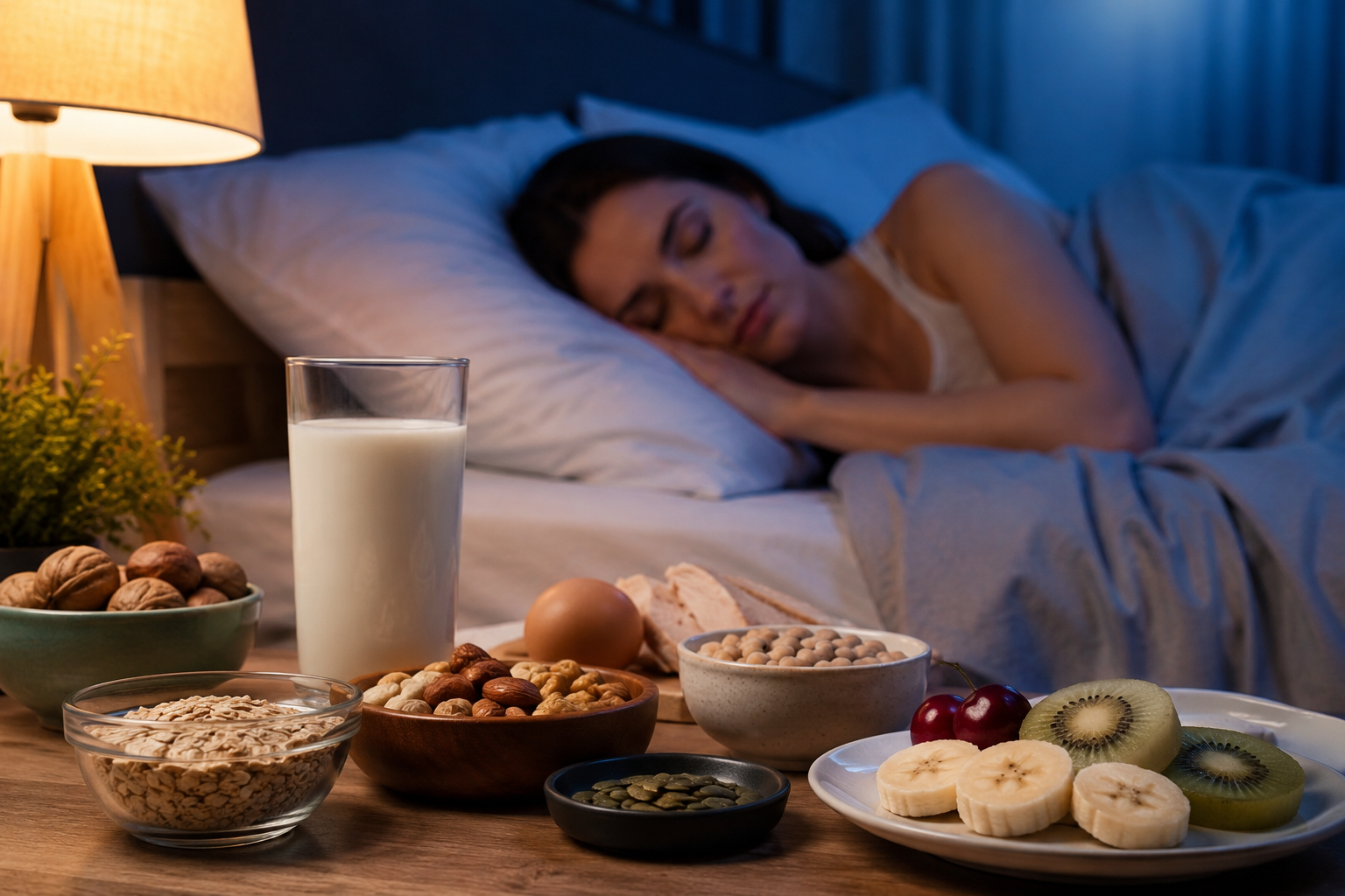 Triptofano e sono: o detalhe alimentar que pode mudar as noites Alimentos ricos em triptofano junto a uma cama ilustrando a relação entre triptofano e sono