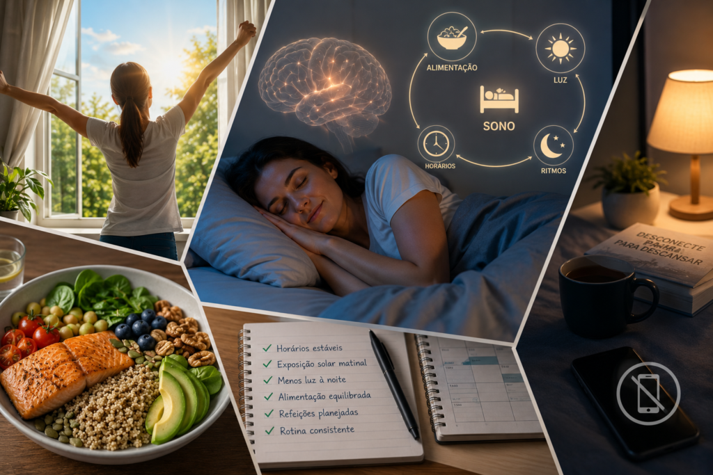 Triptofano e sono: o detalhe alimentar que pode mudar as noites Hábitos saudáveis relacionados com triptofano e sono, incluindo alimentação equilibrada e rotina consistente