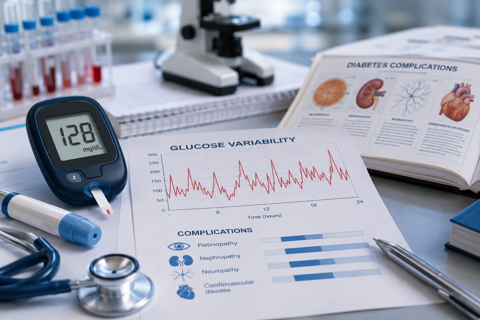 Gráfico clínico ilustrando relação entre variabilidade glicémica e complicações associadas à diabetes