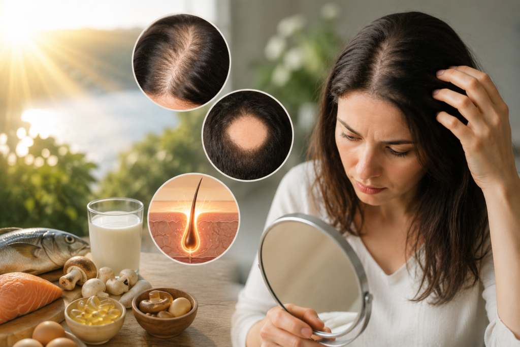 Queda de cabelo e vitaminas: o que a ciência revela Mulher preocupada com queda de cabelo observando o couro cabeludo ao lado de alimentos ricos em vitamina D